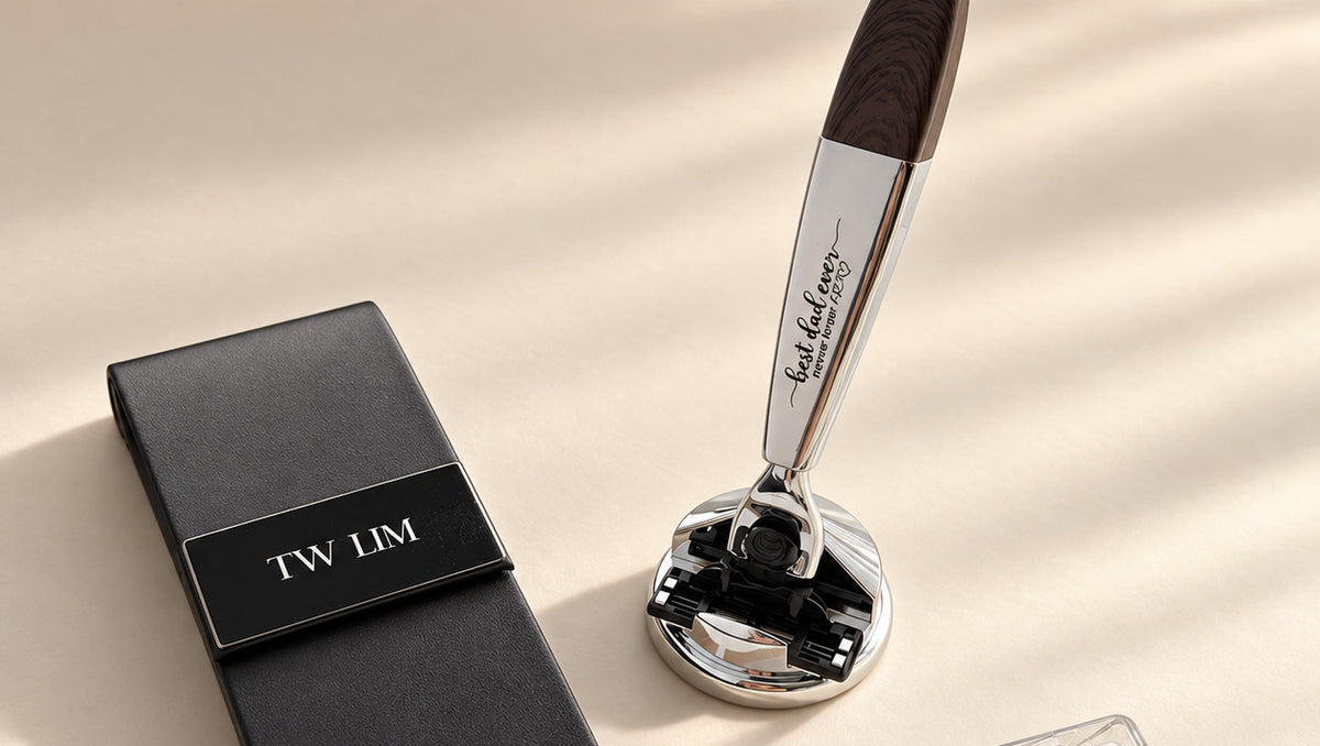 Personalised Walnut Razor Set with Stand by By Glee, with engraved razor handle and black leather case