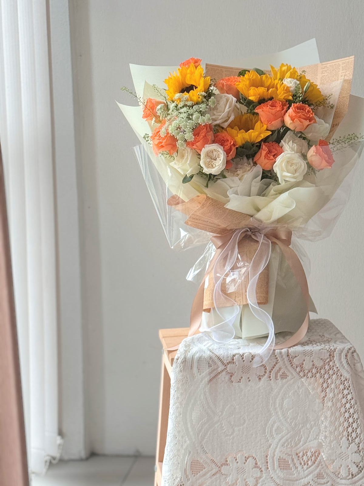 Saffron Sunflower & Orange Rose Bouquet by CC Flora