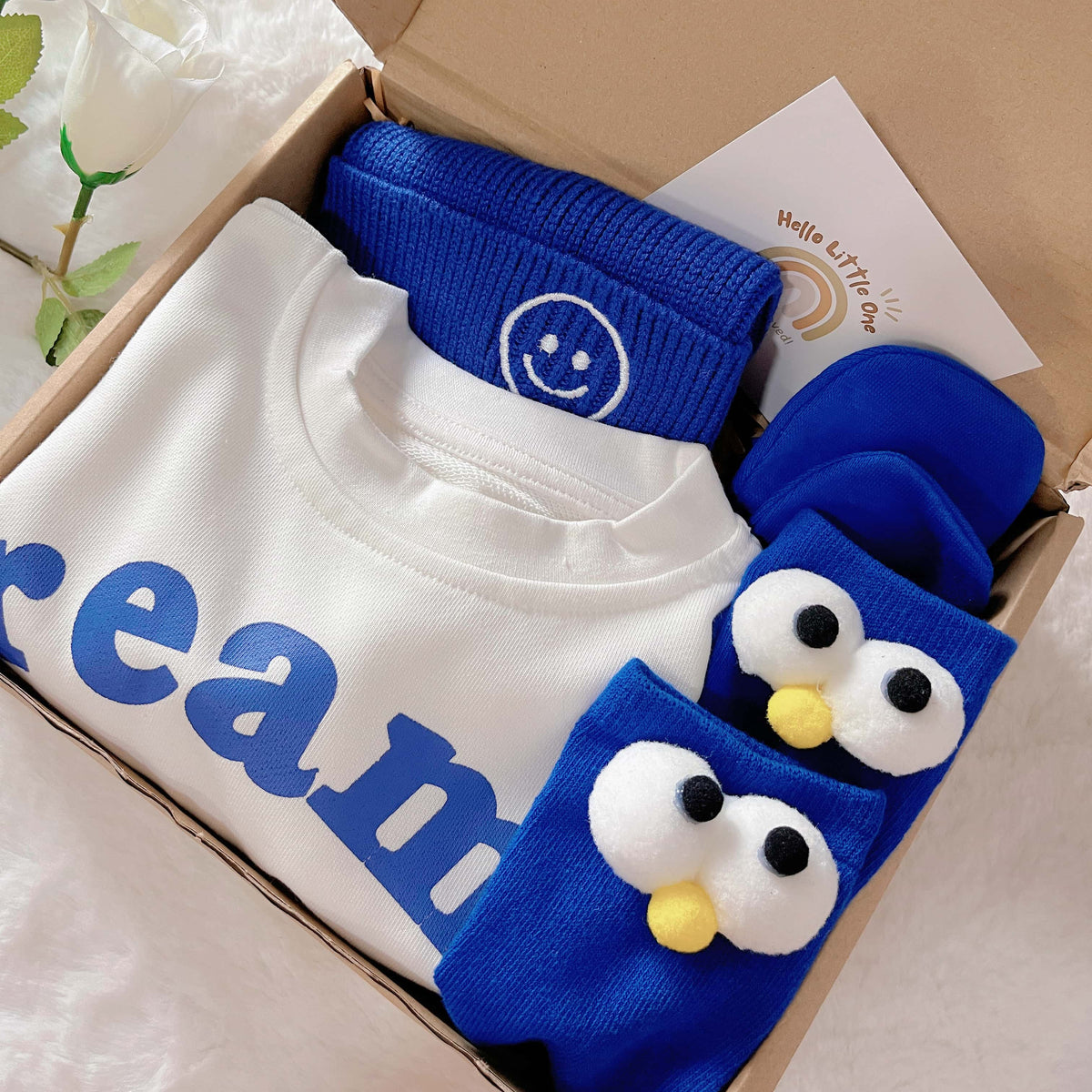 Baby On Fleek standard baby gift box with blue owl &