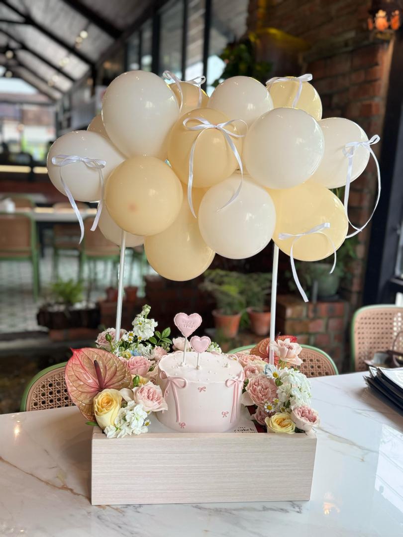 Balloon Bloom Box with Cake & Fresh Flowers by Bamboo Green Florist, Penang