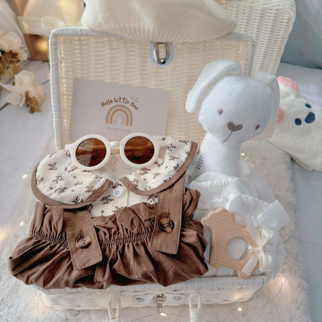 Autumn Princess baby gift set – baby girl romper, plushie, rattan basket, and gift accessories