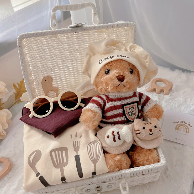 Baby Chef premium baby gift set in a rattan basket with chef romper with matching hat and bib