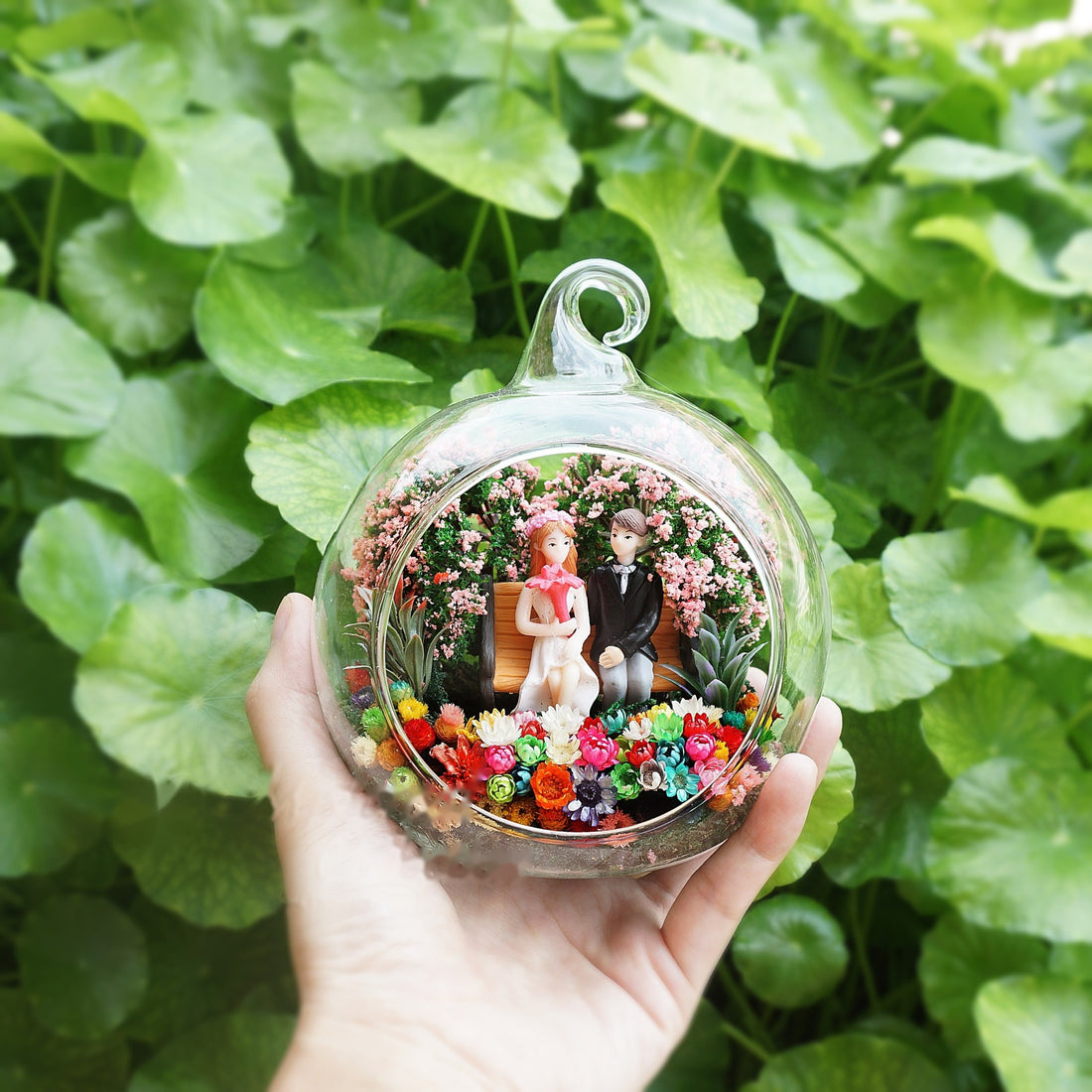 Bench Couple in Garden preserved flower terrarium