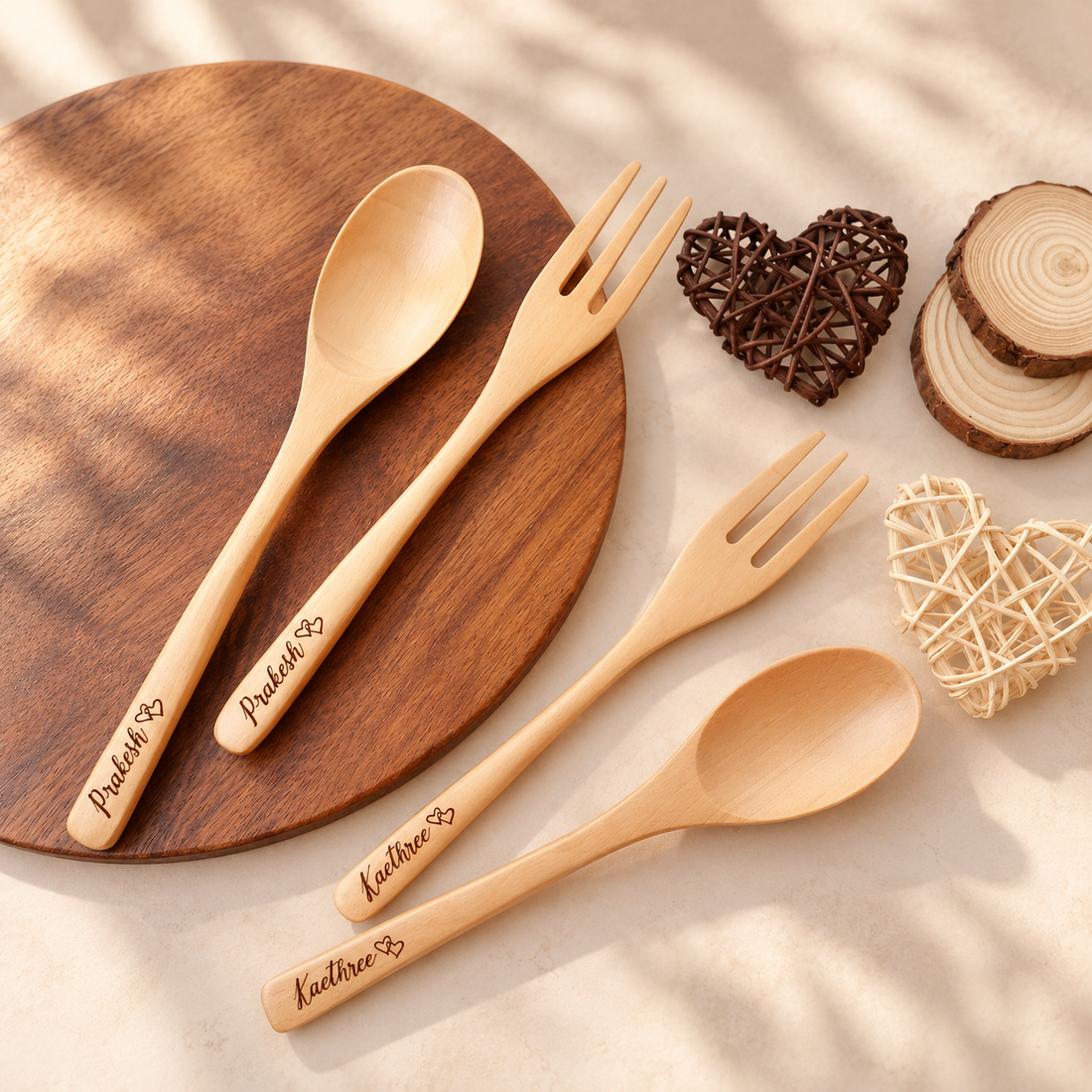 Personalised lotus wood spoon and fork set with engraved name