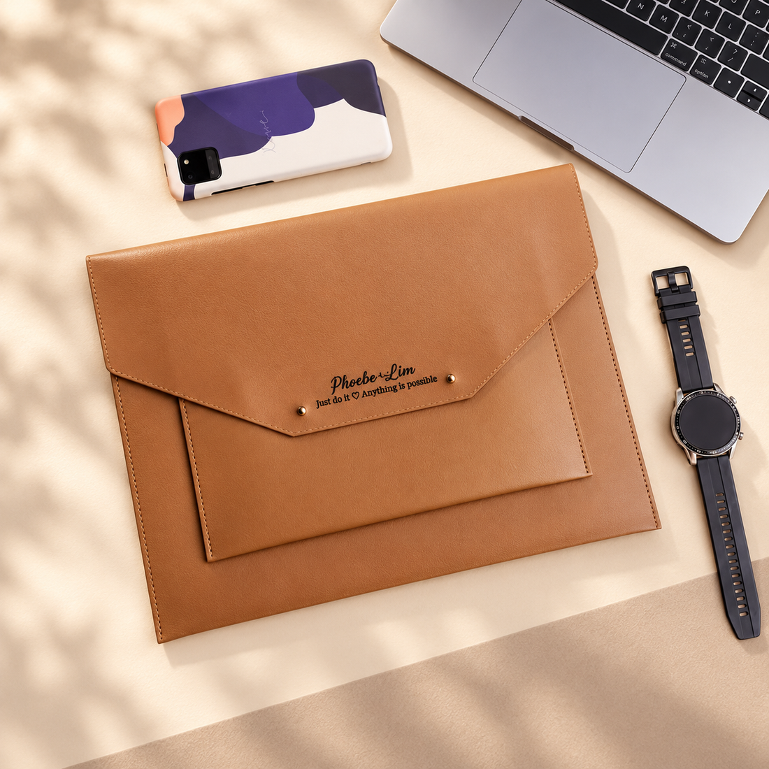 Personalised PU leather laptop sleeve with engraved name