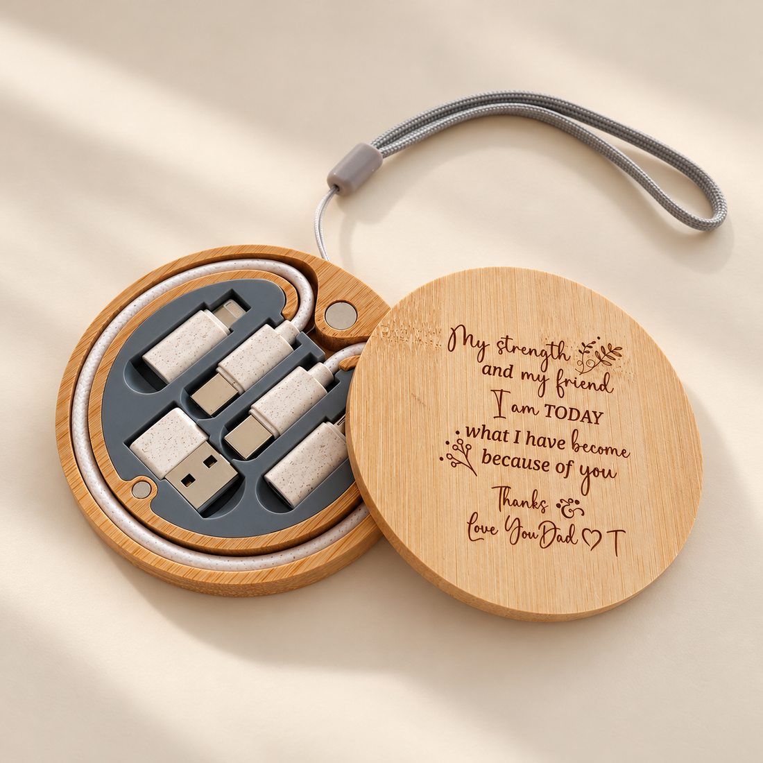 Personalised 6-in-1 fast charging cable set in engraved bamboo case