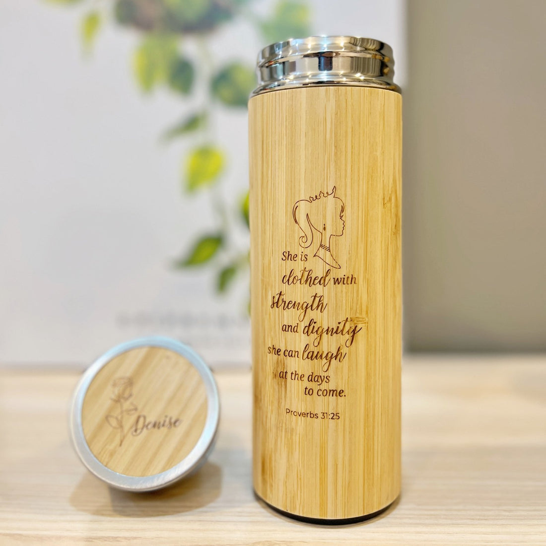 Personalised bamboo thermos flask 360ml with tea infuser, engraved Proverbs 31:25 design and name on lid, By Glee