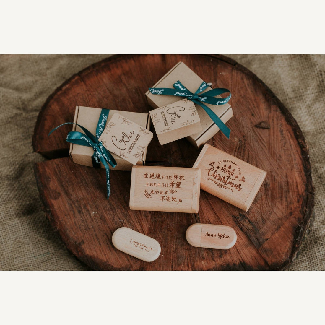Personalised 32GB wooden USB drives and engraved cases in gift boxes, By Glee