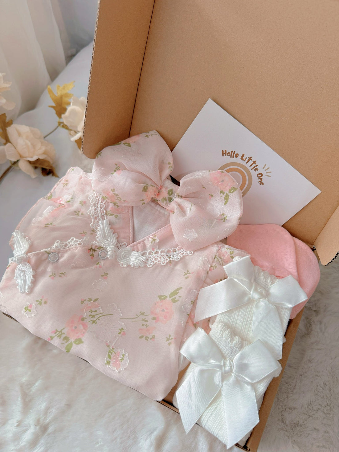 Cherry Blossom standard baby gift box with pink floral cheongsam-style romper with bow headband