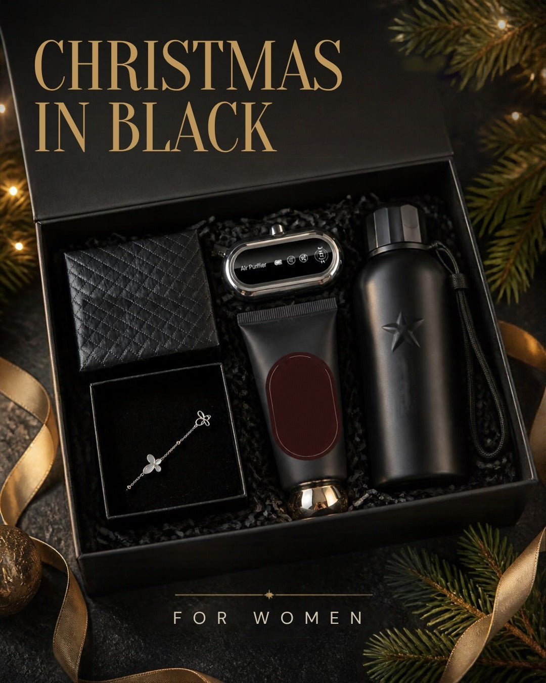 Set hadiah Christmas in Black untuk wanita dengan botol air, penulen udara, gelang dan krim tangan