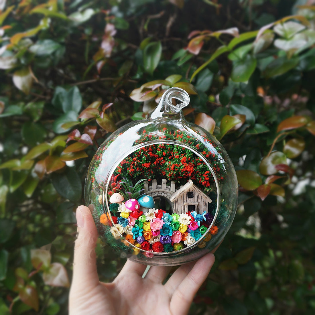 Cottage and Mushroom preserved flower terrarium