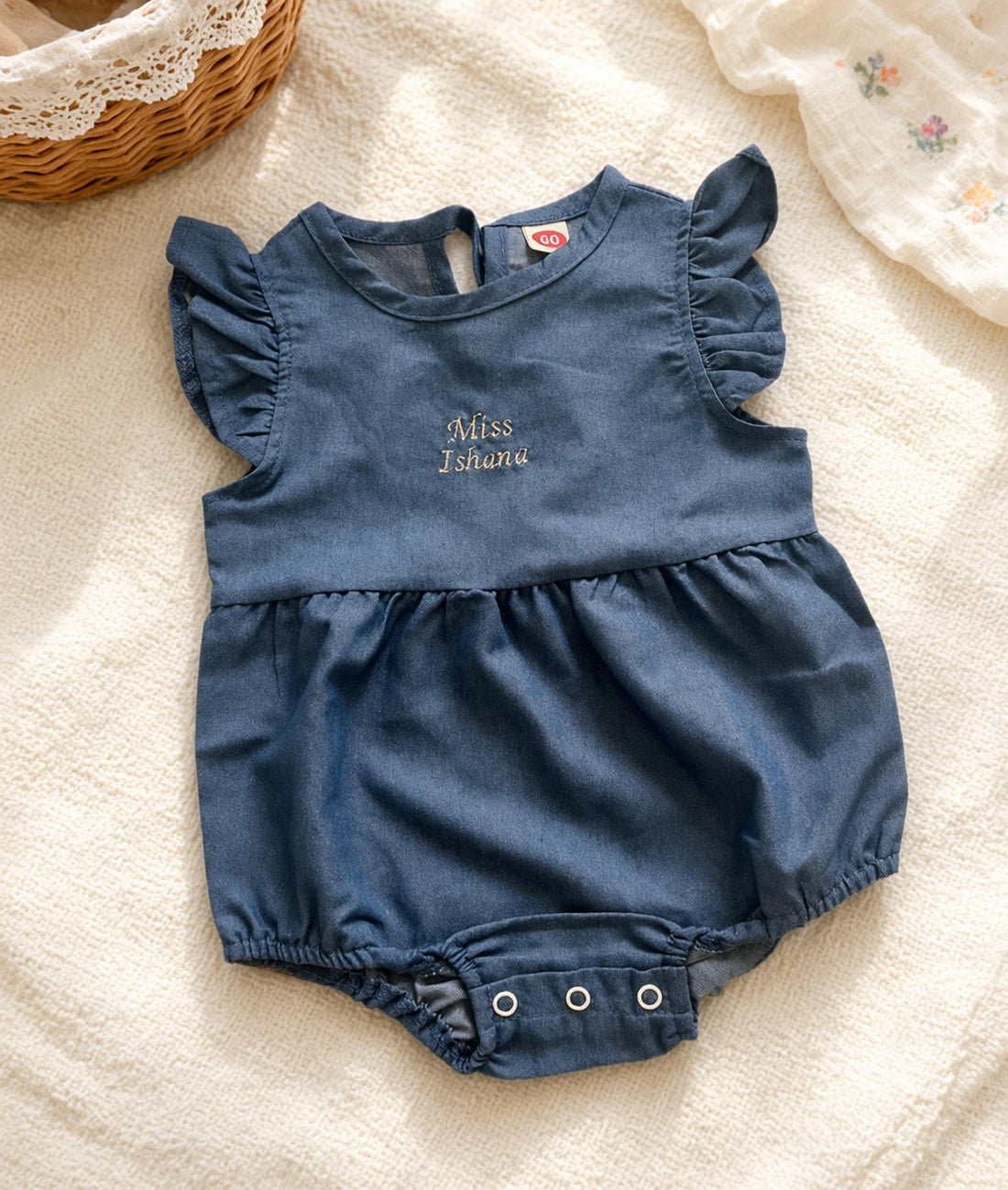 Baby Denim Romper Girl, included in Garden to Bath gift sets