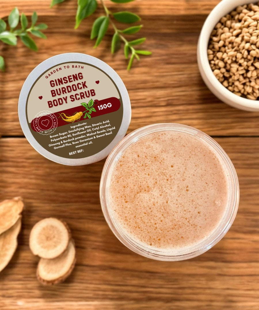 Ginseng and Burdock Body Scrub, included in Garden to Bath gift sets