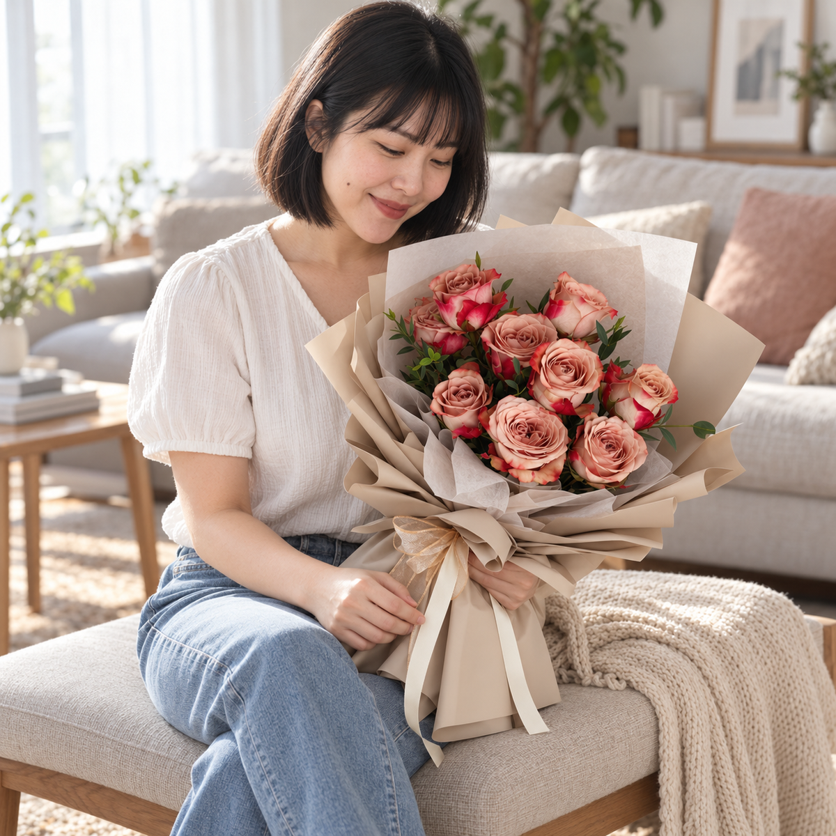 Adore Cappuccino Rose Bouquet held by the same recipient in a seated candid pose.