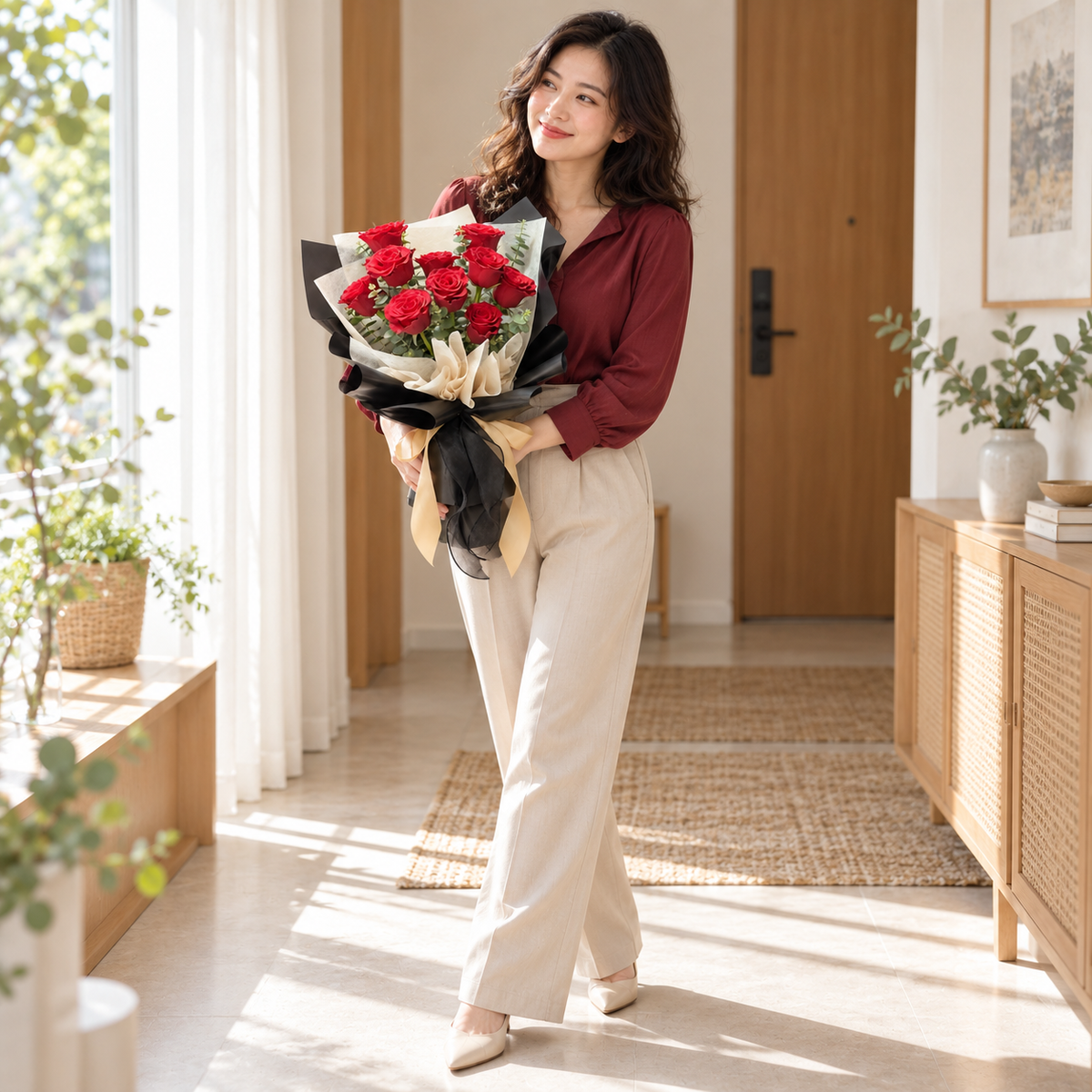 Amour Red Rose Bouquet held by the same recipient in a wider standing pose.
