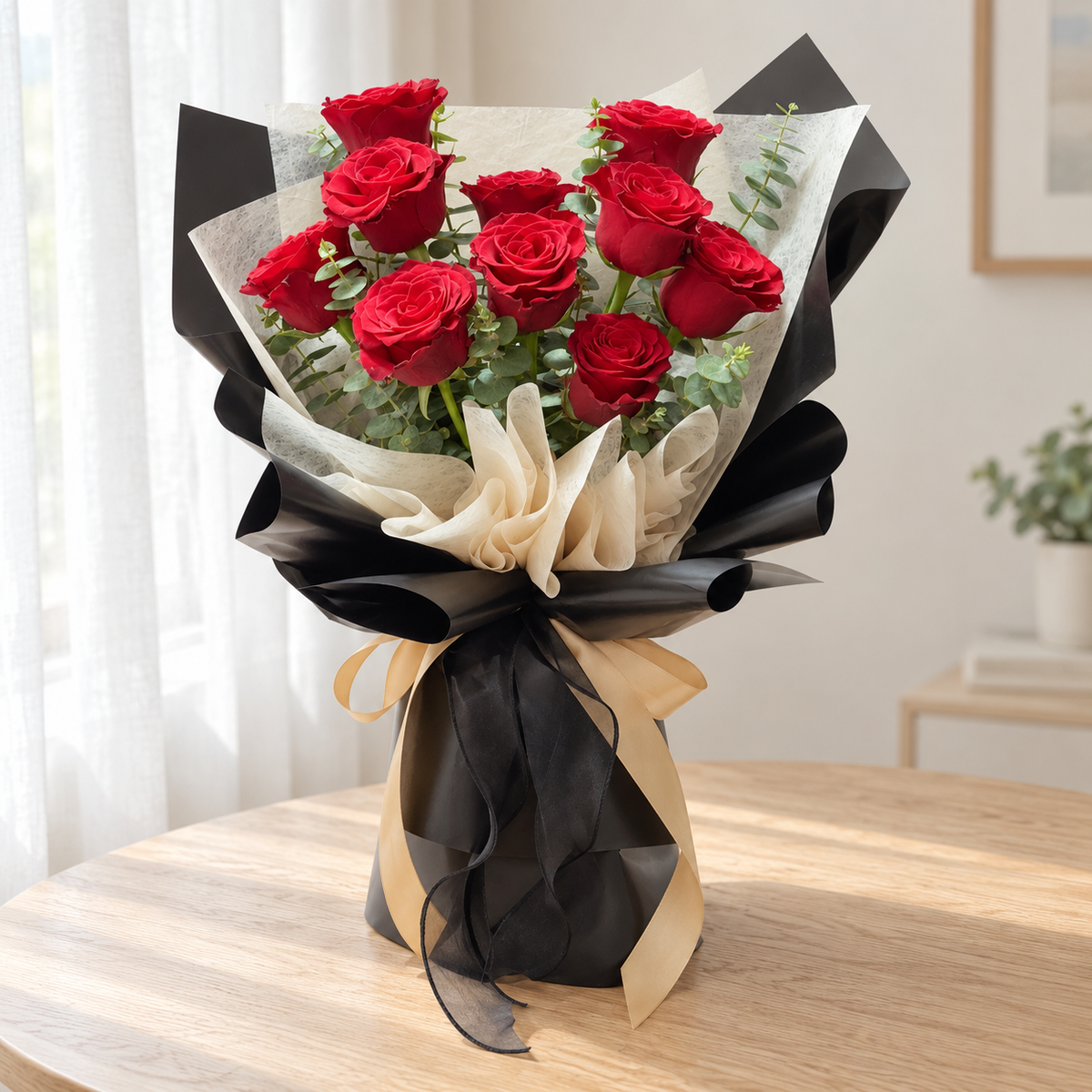 Amour Red Rose Bouquet — full product photograph in natural window light.