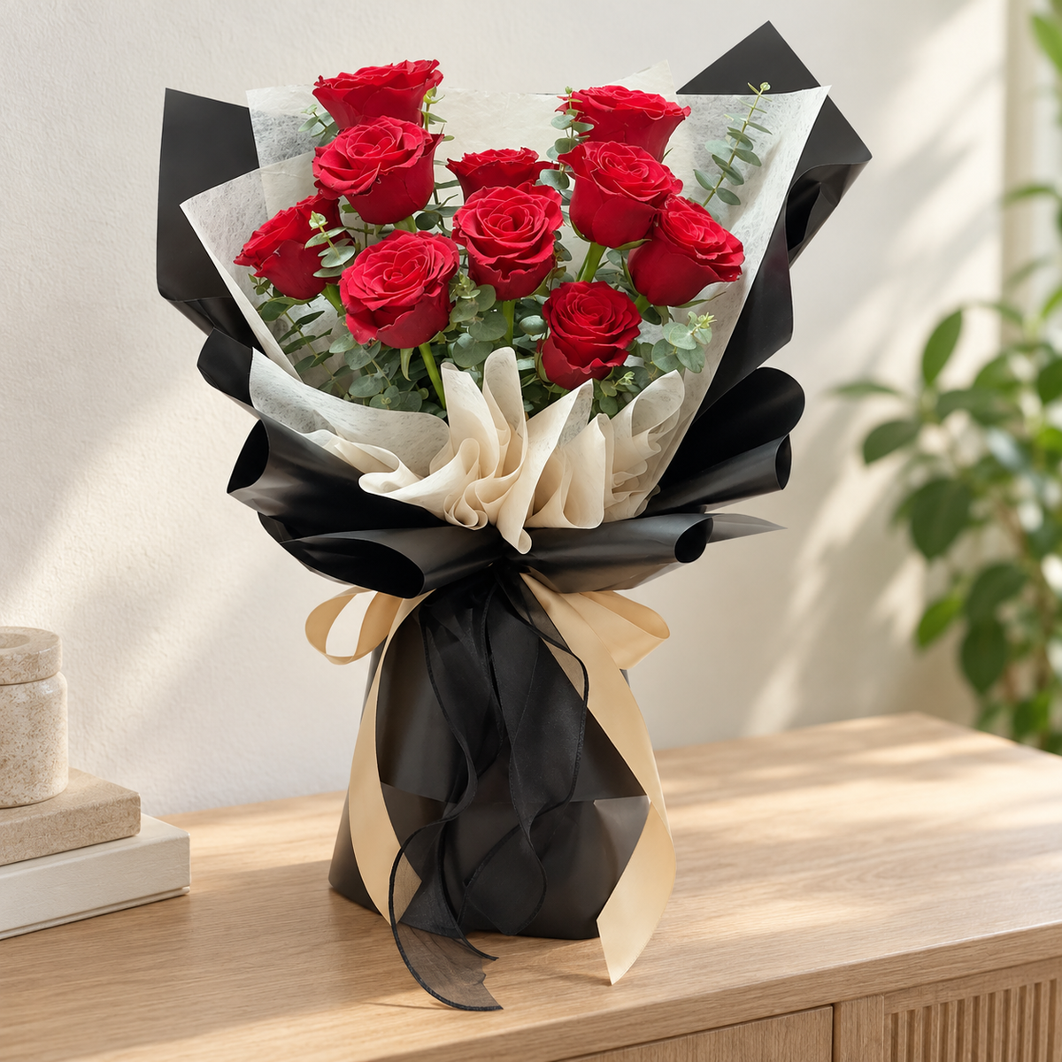 Amour Red Rose Bouquet — alternate full product photograph in a neutral interior.