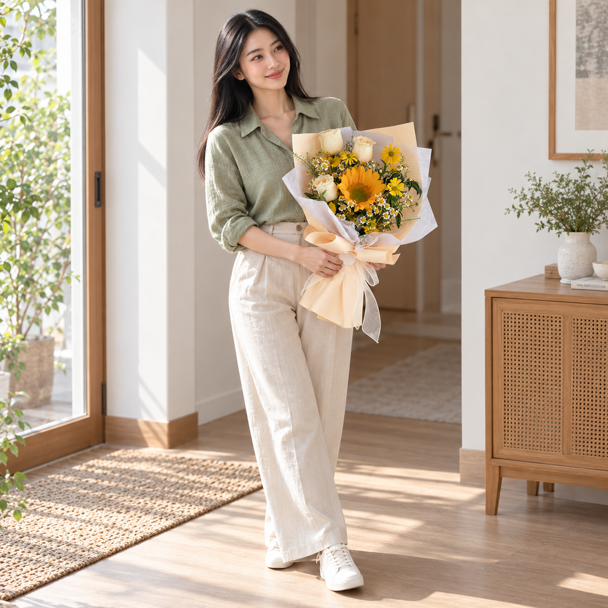Aurora Sunflower & Rose Bouquet held by the same recipient in a wider standing pose.