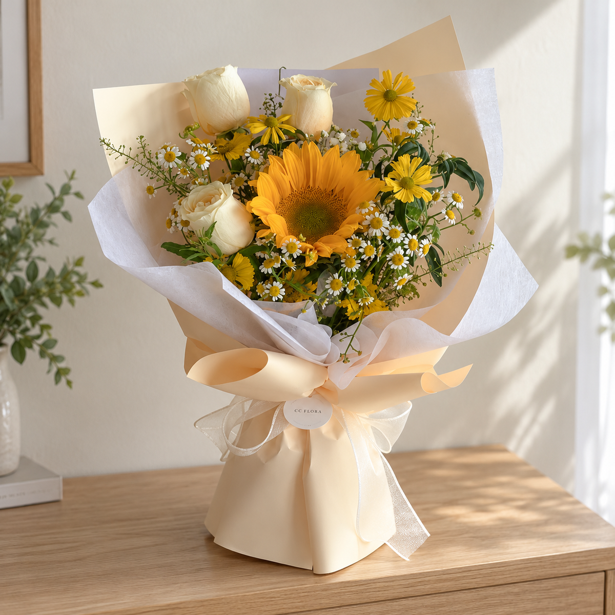 Aurora Sunflower & Rose Bouquet — alternate full product photograph in a neutral interior.