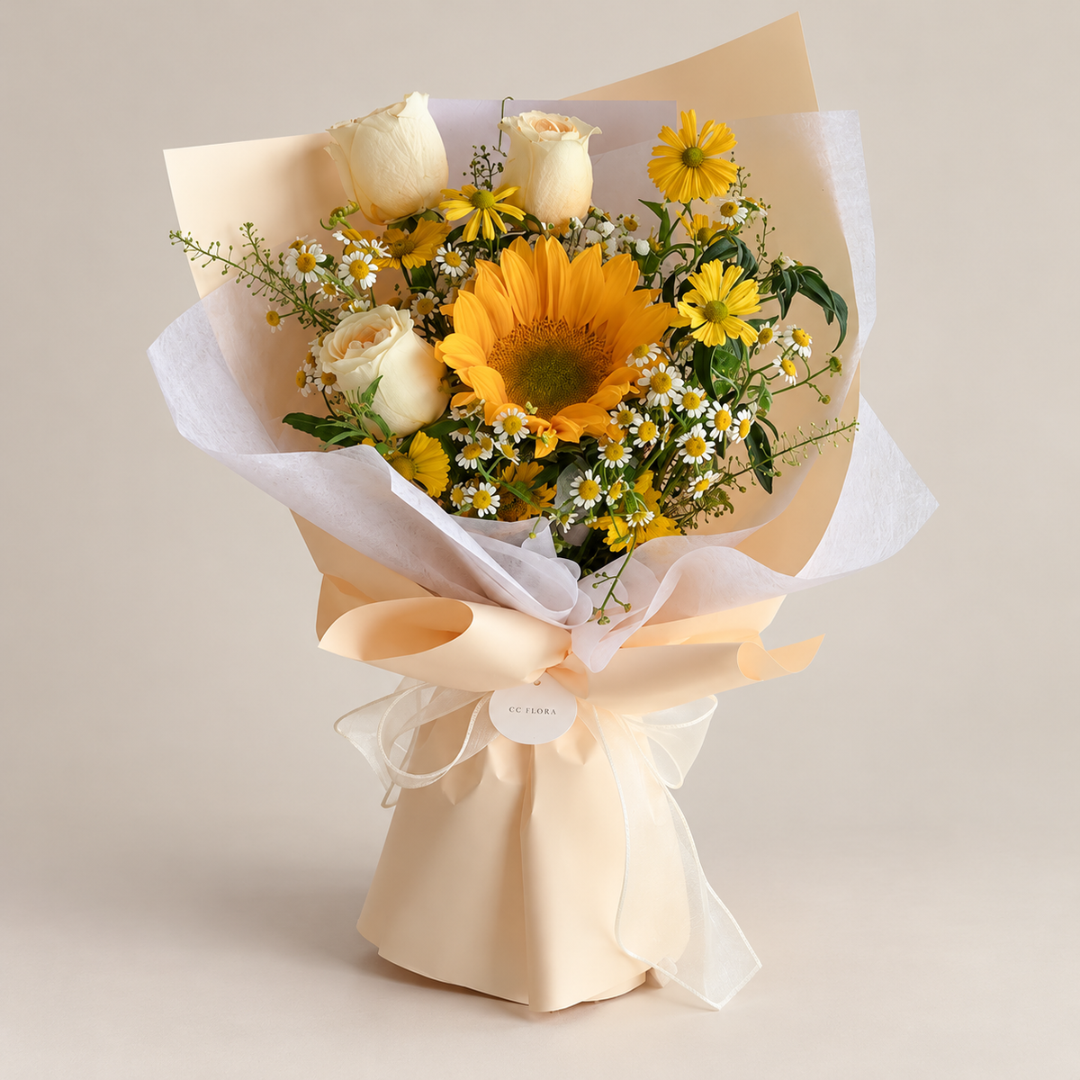 Aurora Sunflower & Rose Bouquet — professional studio product photograph.