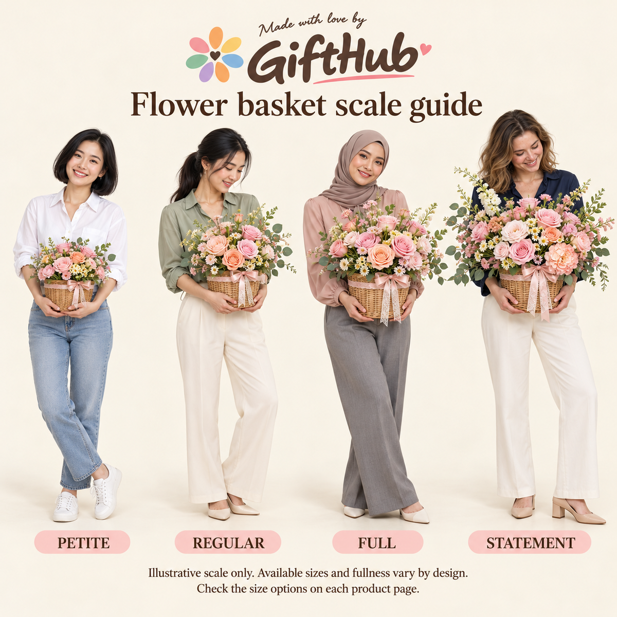 GiftHub illustrative basket scale guide with four distinct women in natural poses; available sizes and fullness vary by design.