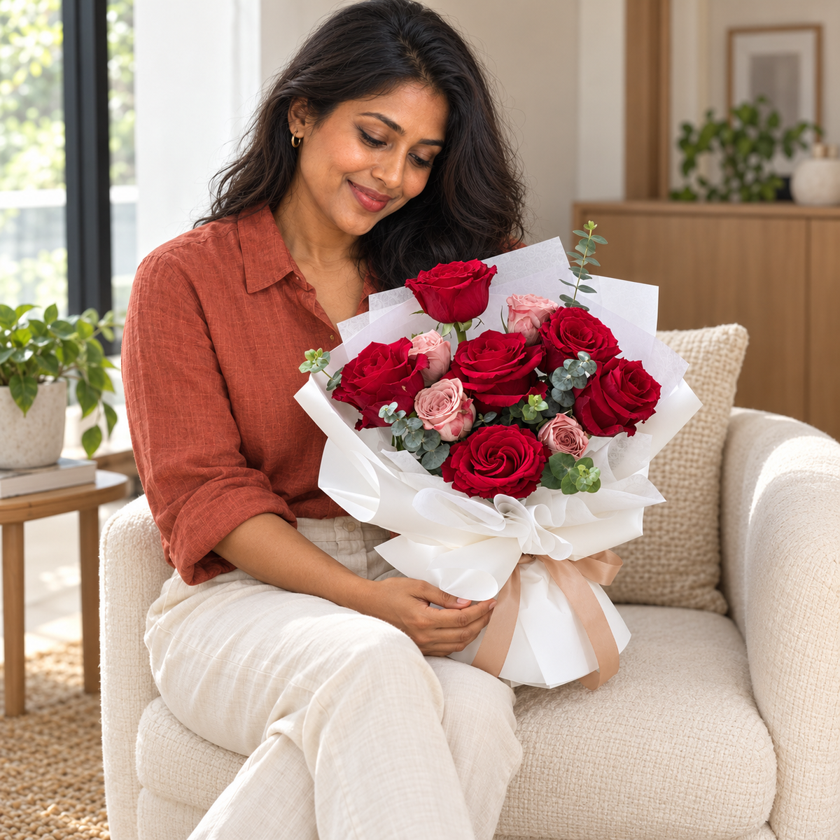 Beloved Ruby Red & Cappuccino Rose Bouquet held by the same recipient in a seated candid pose.