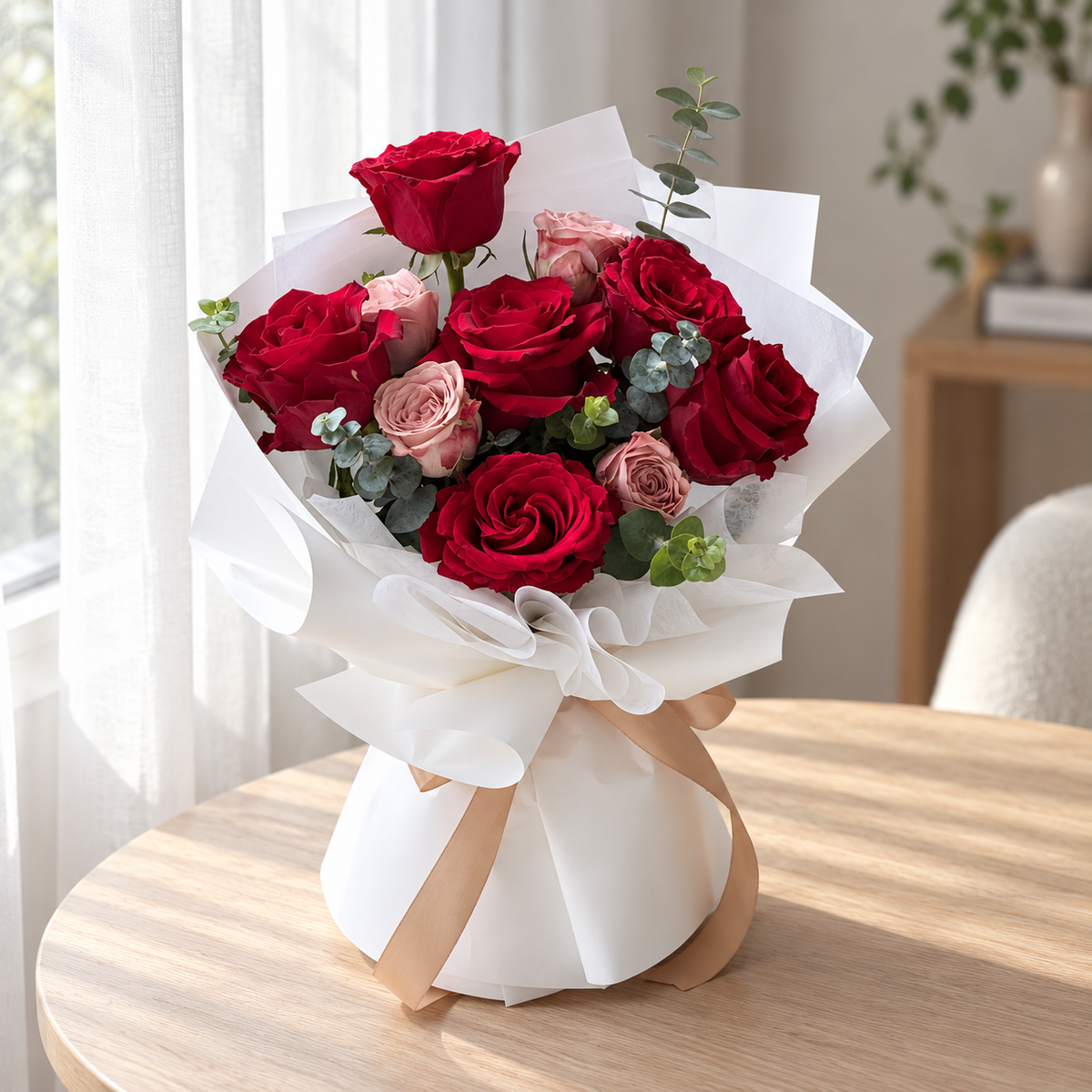 Beloved Ruby Red & Cappuccino Rose Bouquet — full product photograph in natural window light.