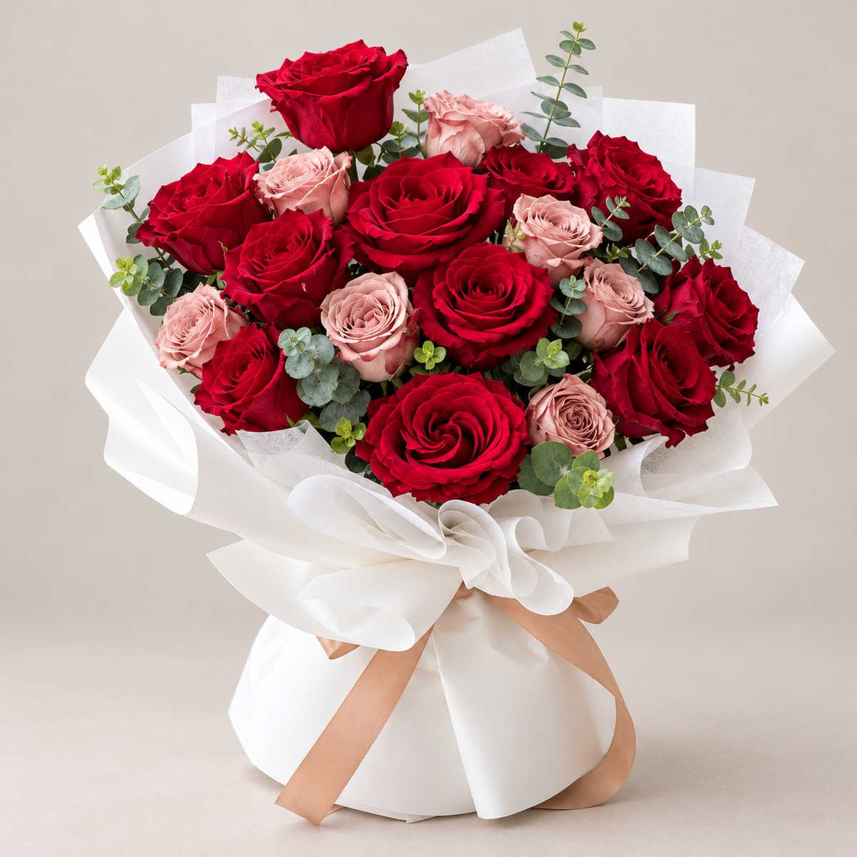 Beloved Ruby Red & Cappuccino Rose Bouquet — Statement size, illustrative preview.