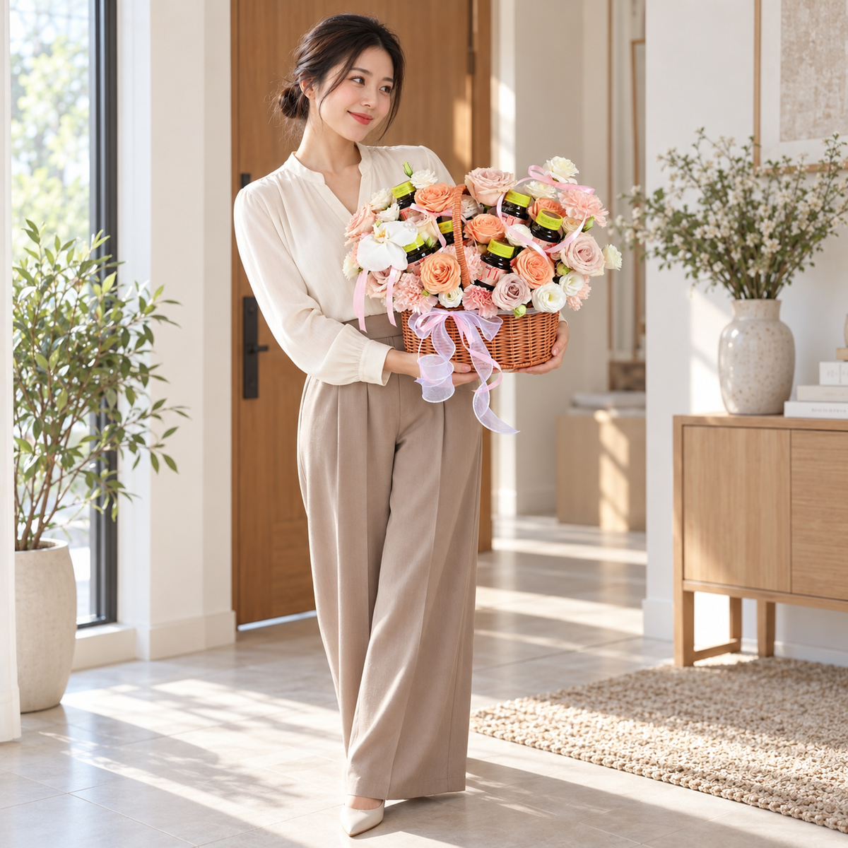 Birdnest in Basket – Rose Flower Basket — held by the same recipient in a wider standing pose.