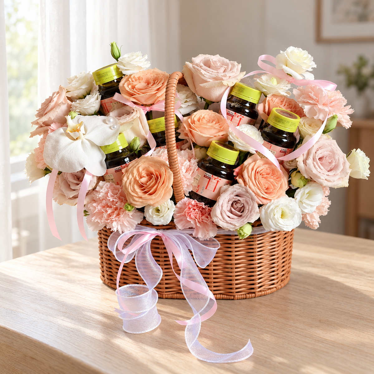 Birdnest in Basket – Rose Flower Basket — full product photograph in natural window light.