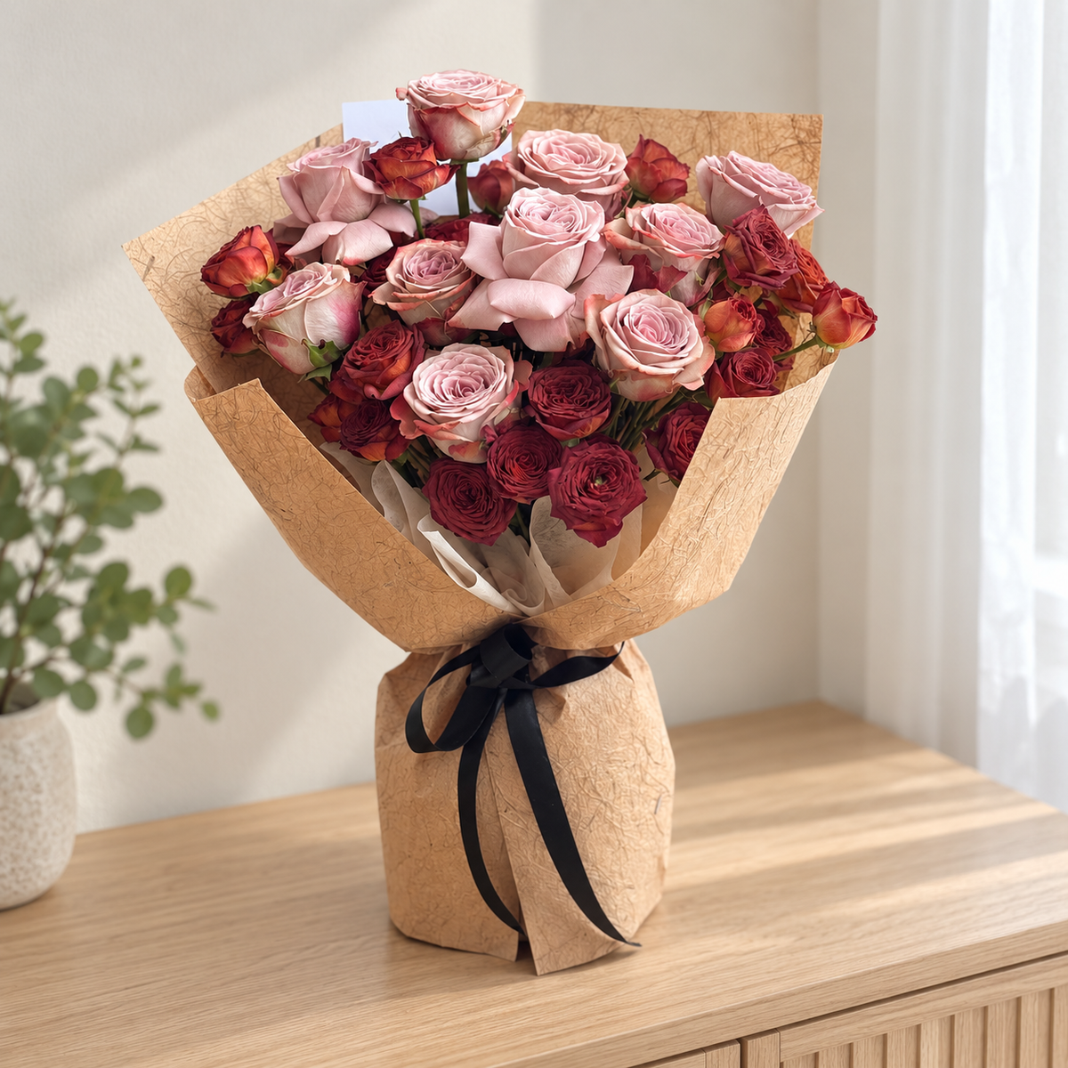 Cappuccino Bubble Rose Bouquet — alternate full product photograph in a neutral interior.