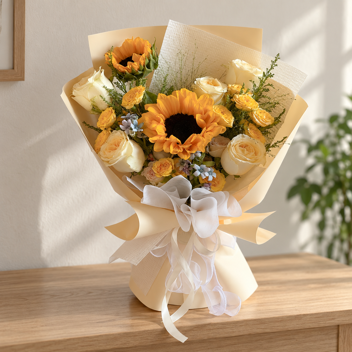 Dawn Sunflower & Yellow Rose Bouquet — alternate full product photograph in a neutral interior.