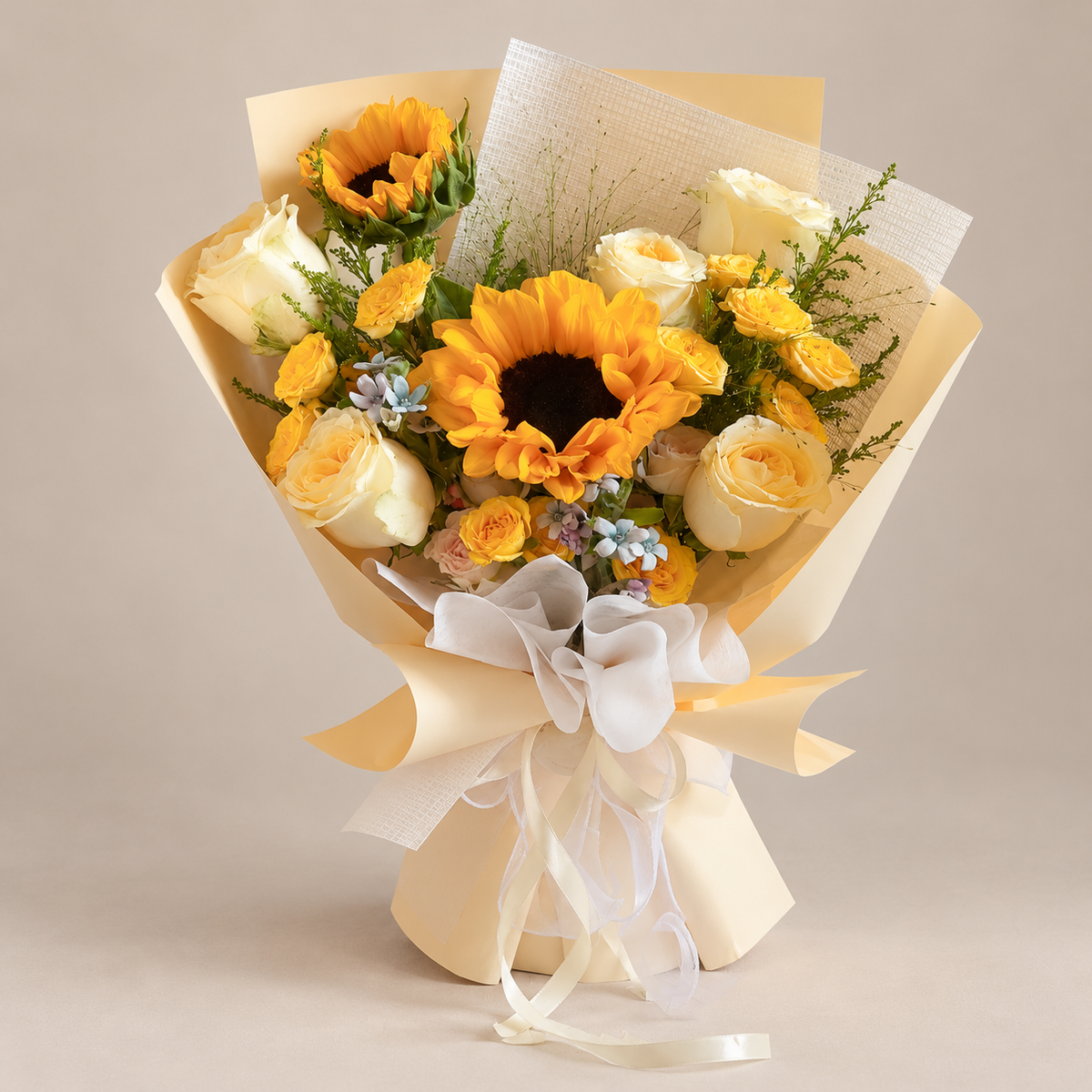 Dawn Sunflower & Yellow Rose Bouquet — professional studio product photograph.