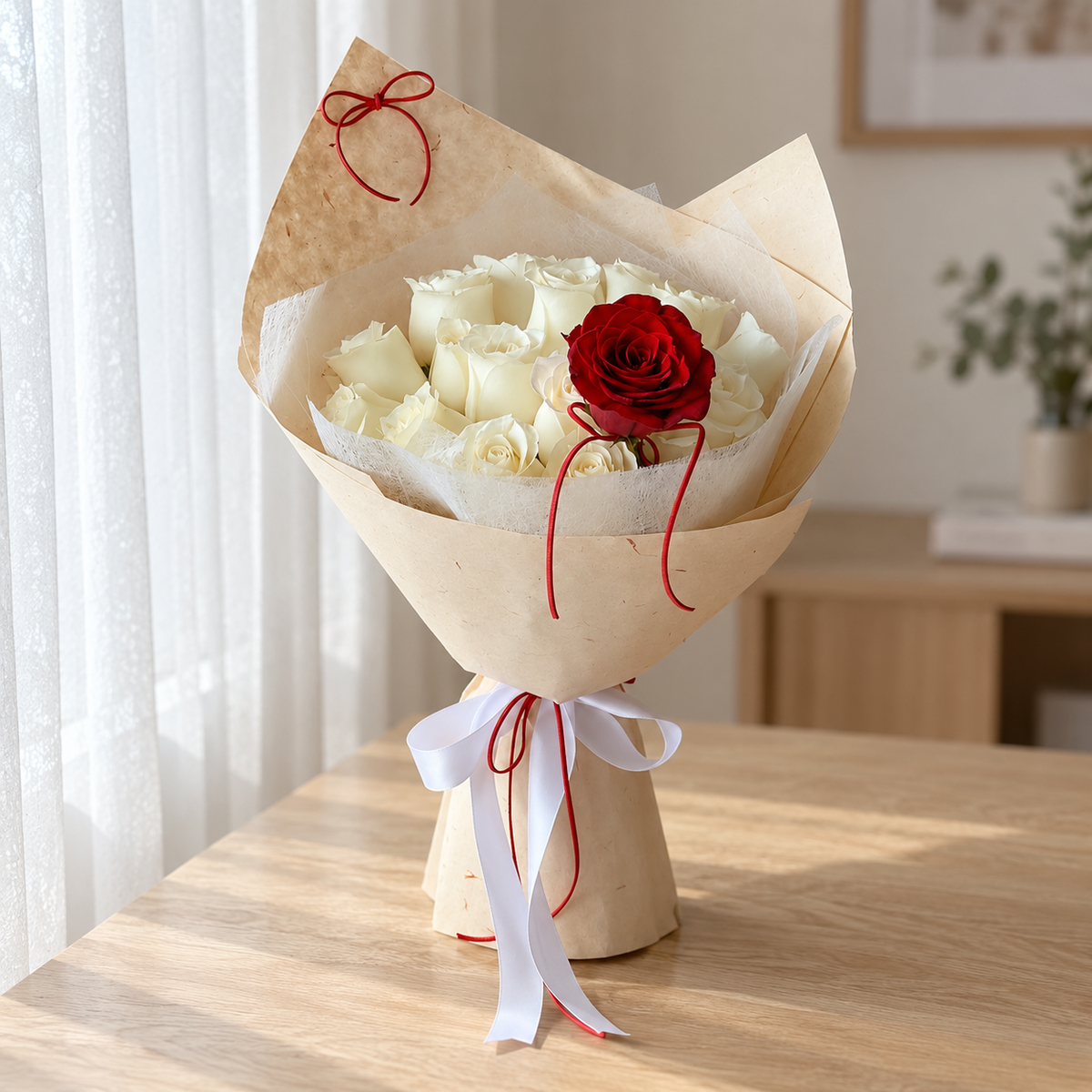 Eternel White & Red Rose Bouquet — full product photograph in natural window light.