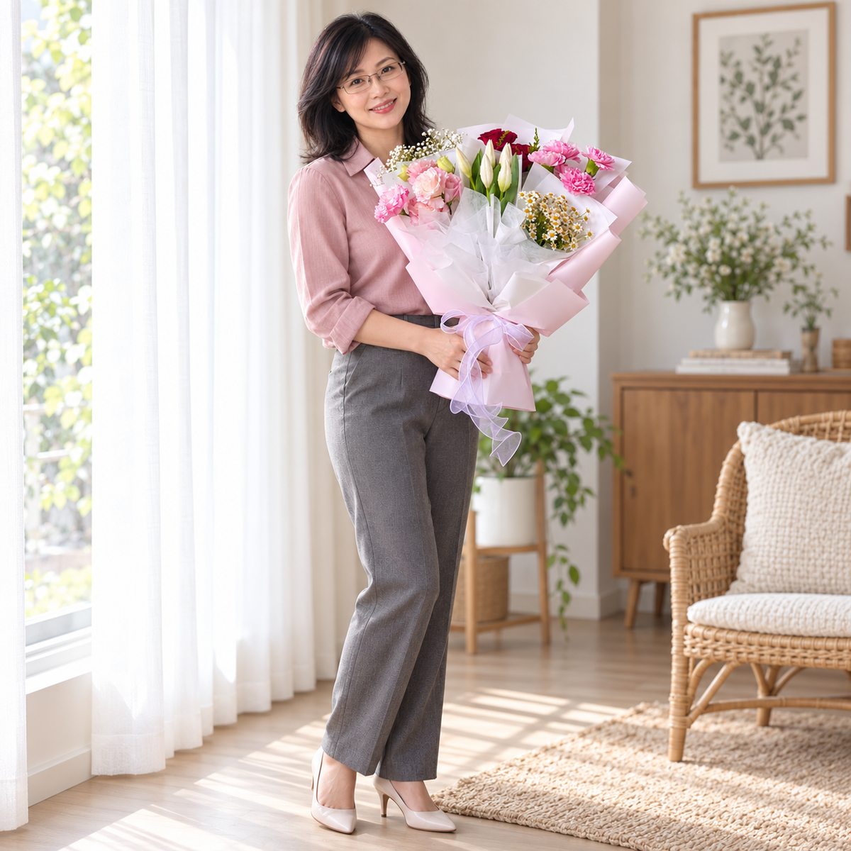 Fantasy Grace Tulip, Rose & Carnation Bouquet — held by the same recipient in a wider standing pose.