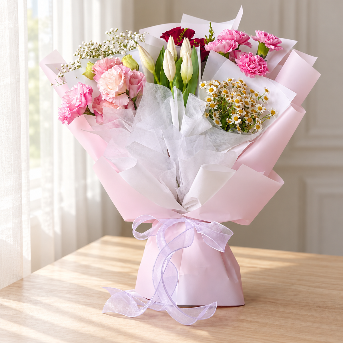 Fantasy Grace Tulip, Rose & Carnation Bouquet — full product photograph in natural window light.