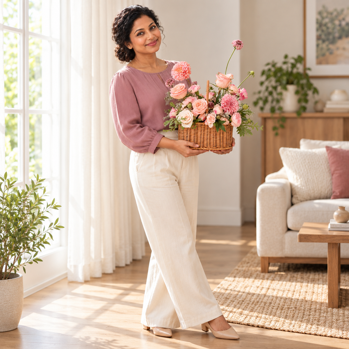 Harmonia Garden Pink Flower Basket — held by the same recipient in a wider standing pose.