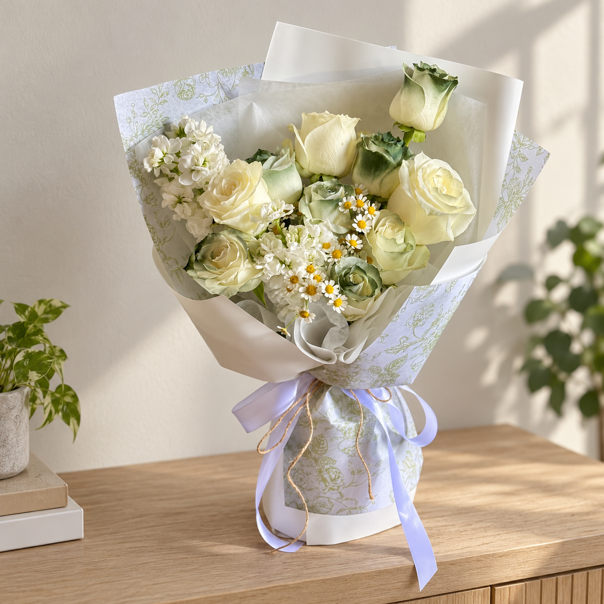 Noir Ink Green-Tinted White Rose Bouquet — alternate full product photograph in a neutral interior.