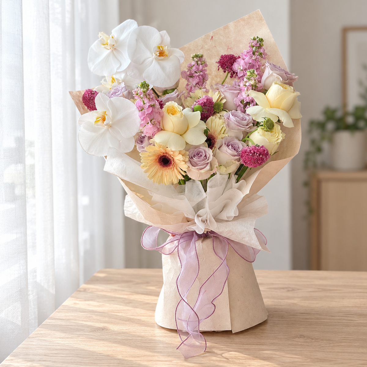 Palette Orchid, Gerbera & Rose Bouquet (Cat-Safe) — full product photograph in natural window light.