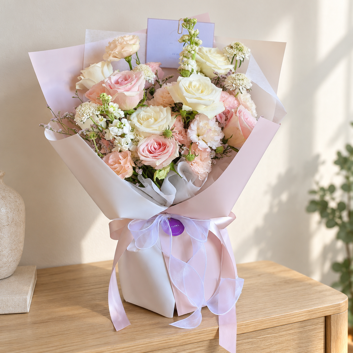 Radiance Pink & White Rose Bouquet (Cat-Safe) — alternate full product photograph in a neutral interior.