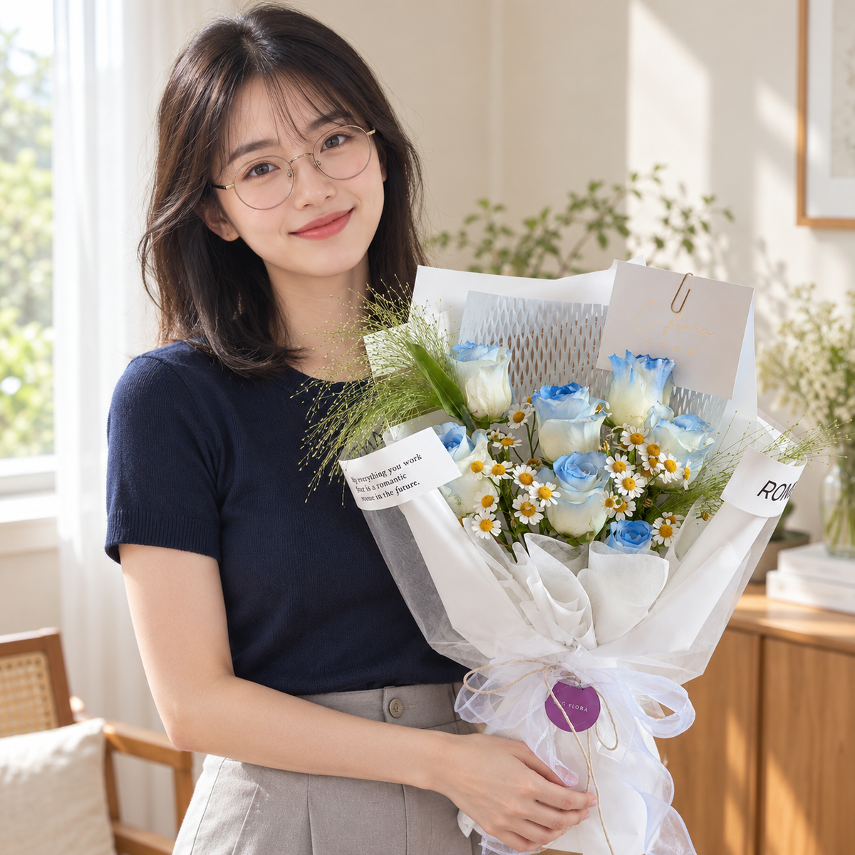 River Bleu Blue Rose Bouquet held by the recipient.