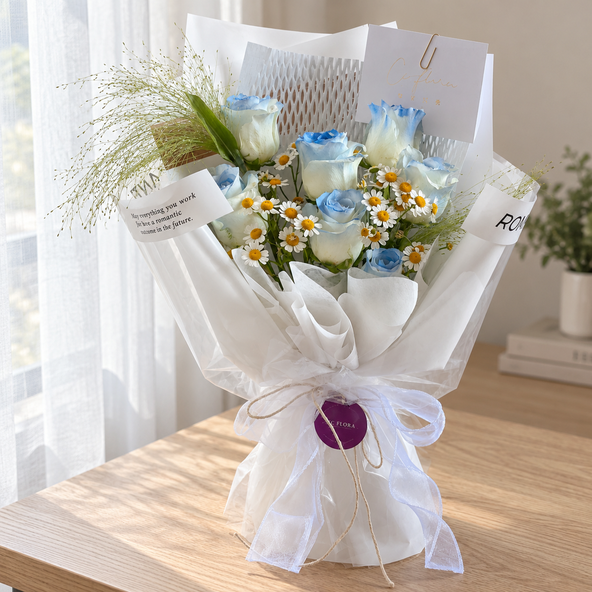 River Bleu Blue Rose Bouquet — full product photograph in natural window light.