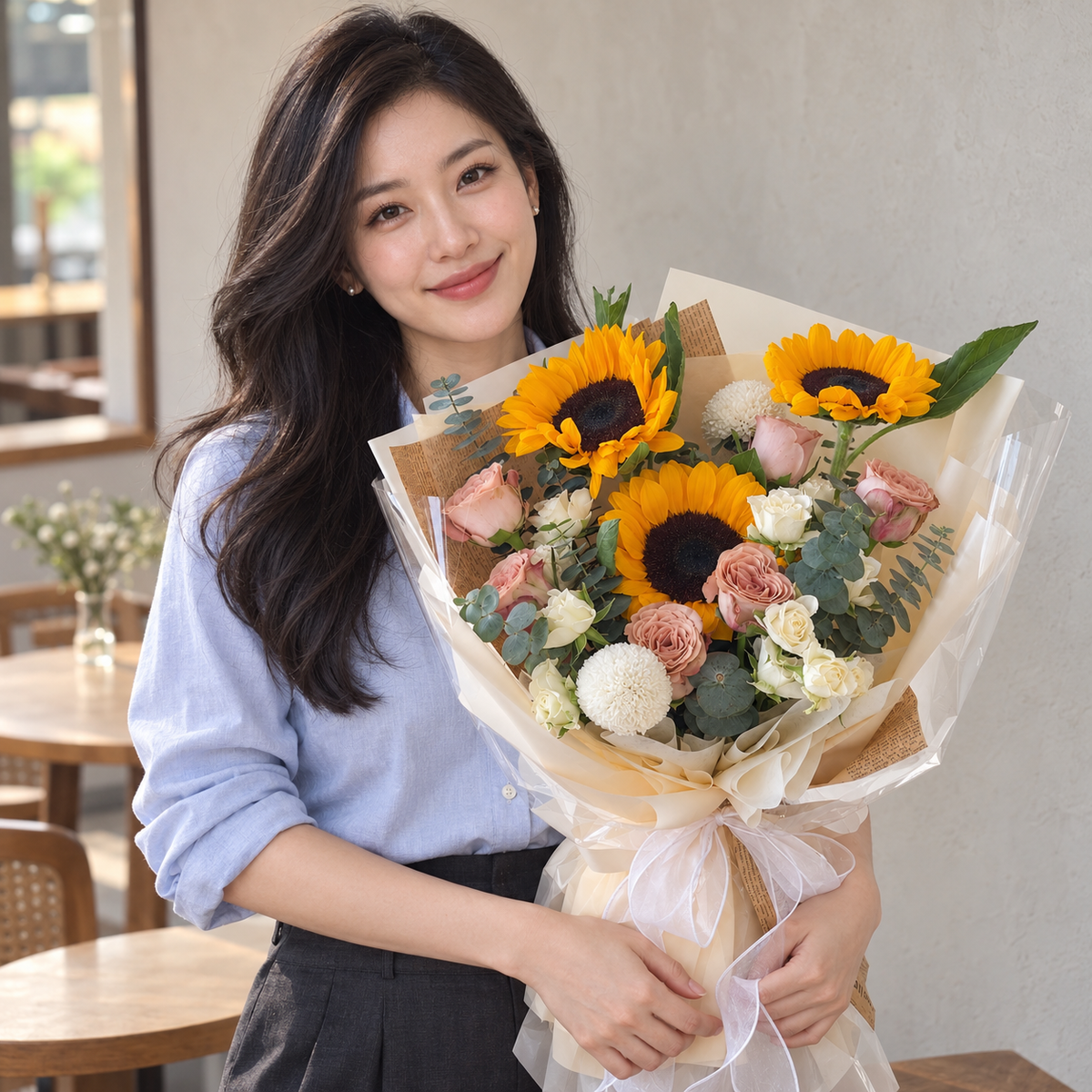 Saffron Cappuccino Sunflower & Rose Bouquet held by the recipient.