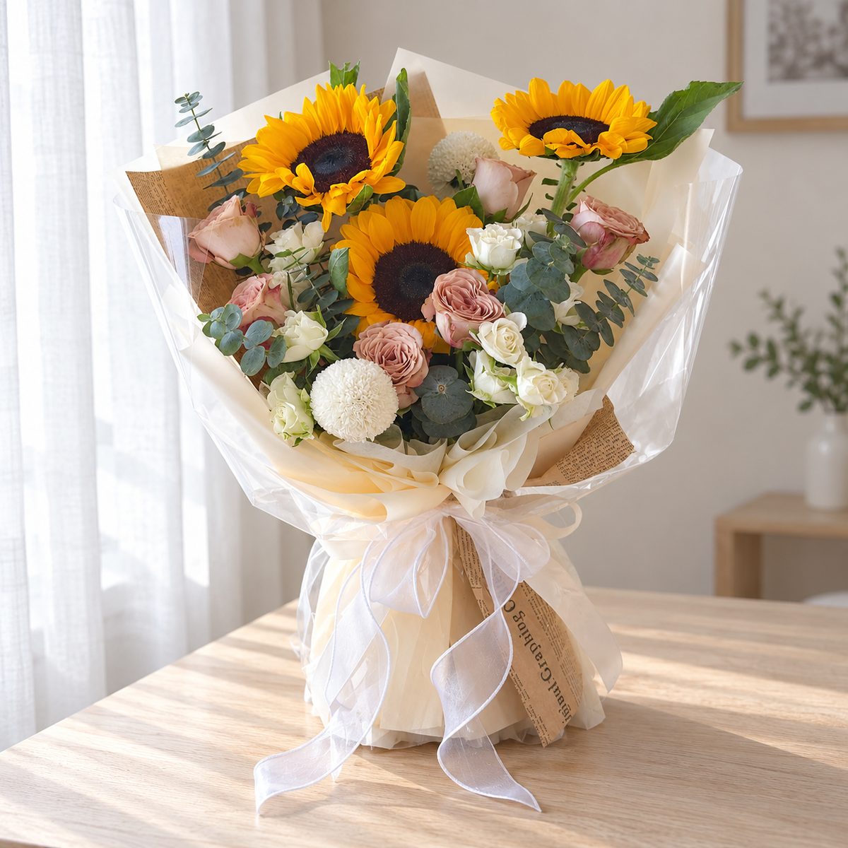 Saffron Cappuccino Sunflower & Rose Bouquet — full product photograph in natural window light.