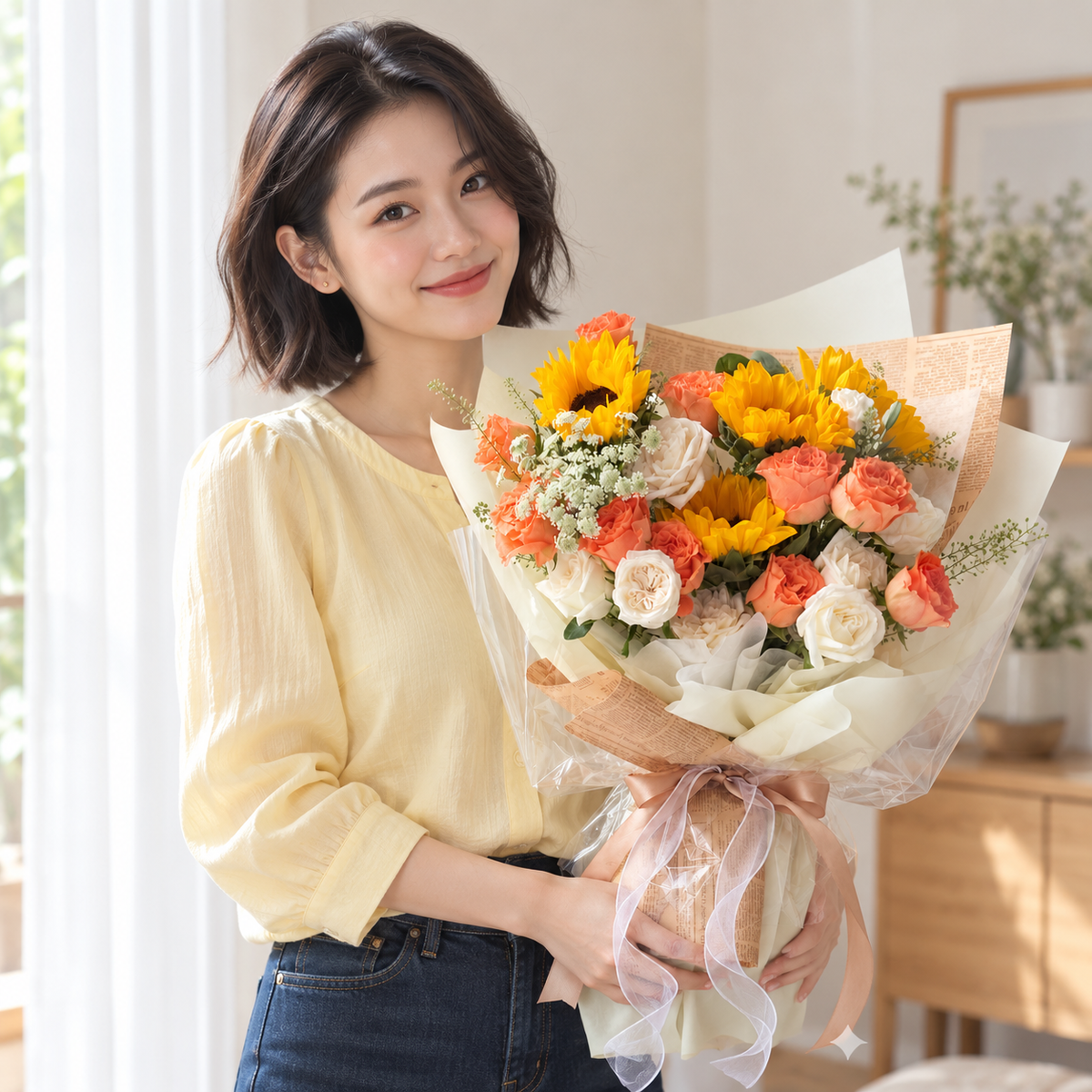 Saffron Sunflower & Orange Rose Bouquet held by the recipient.