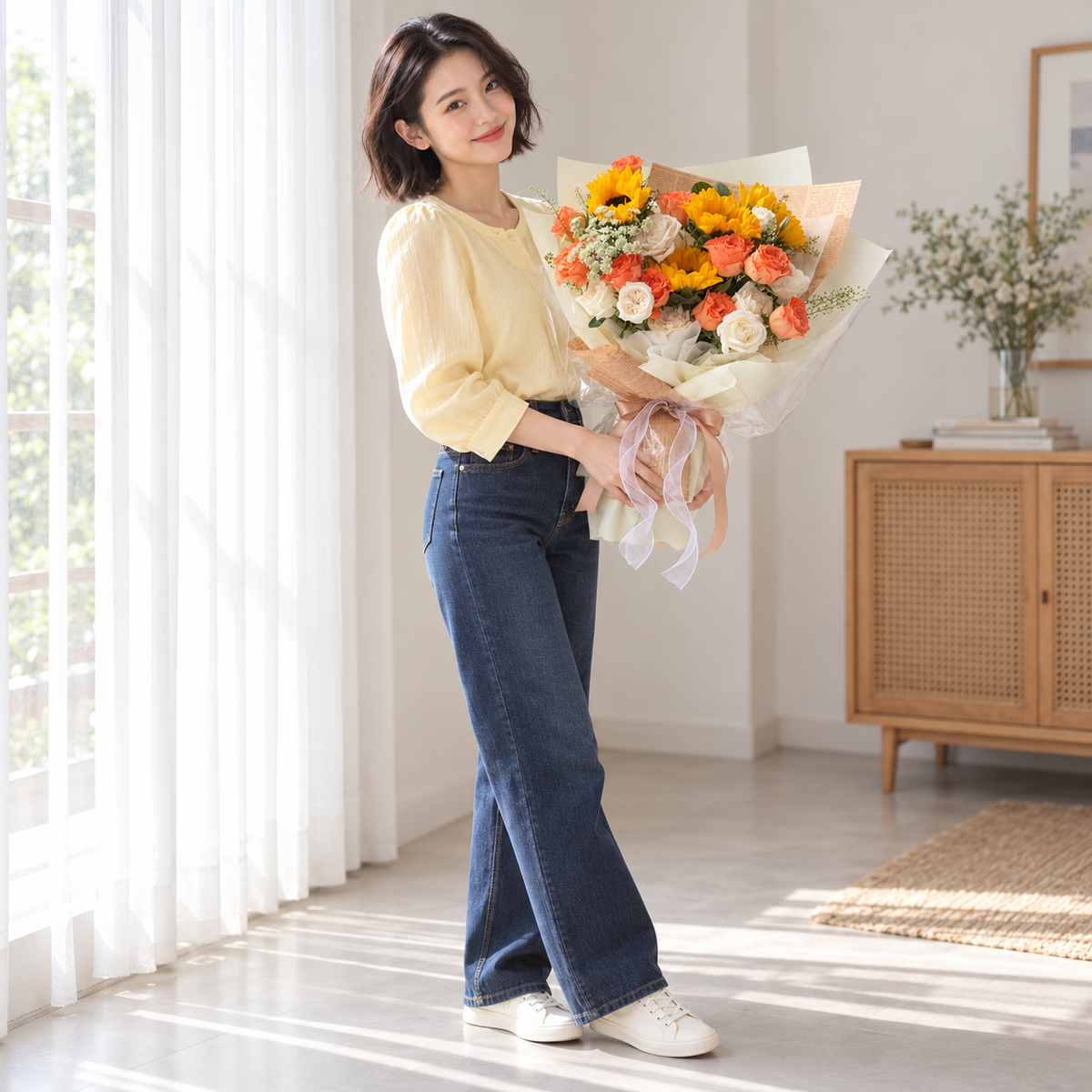 Saffron Sunflower & Orange Rose Bouquet held by the same recipient in a wider standing pose.