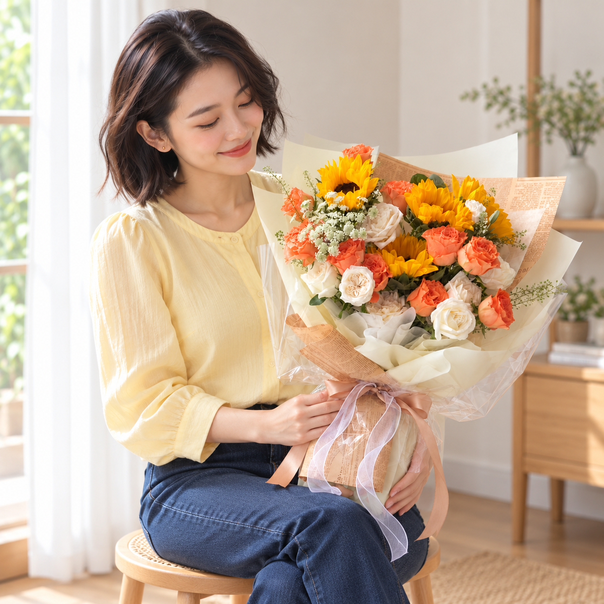 Saffron Sunflower & Orange Rose Bouquet held by the same recipient in a seated candid pose.