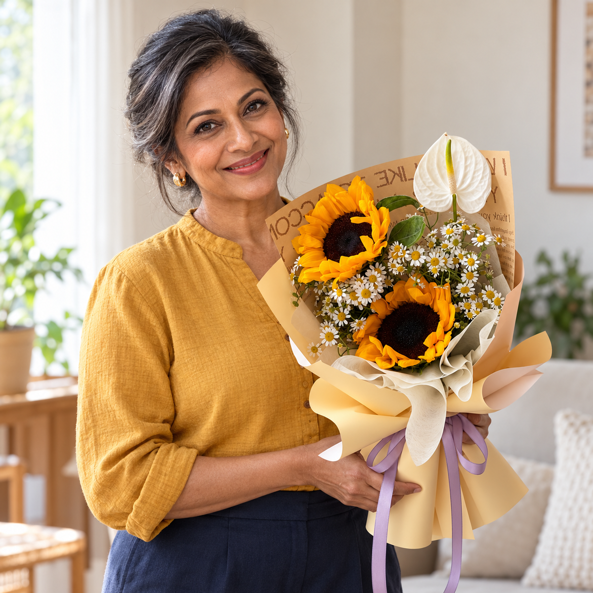 Shine Bright Sunflower Bouquet held by the recipient.