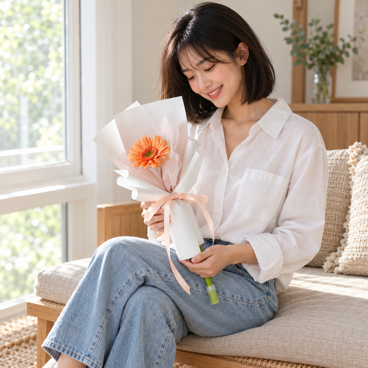 Single Gerbera Bloom held by the same recipient in a seated candid pose.