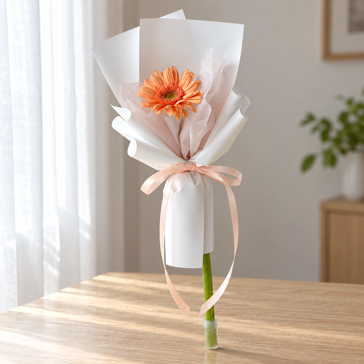 Single Gerbera Bloom — full product photograph in natural window light.
